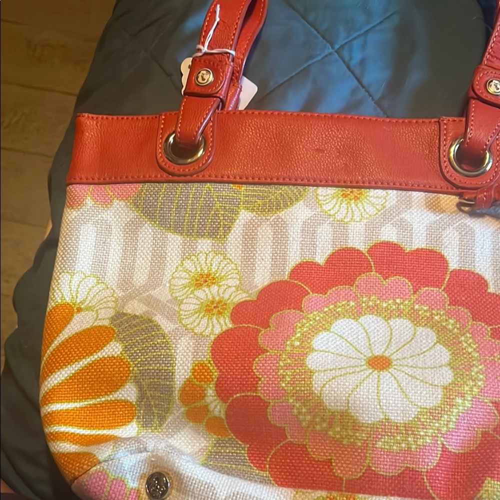 Floral Canvas Tote Bag with Red Accents